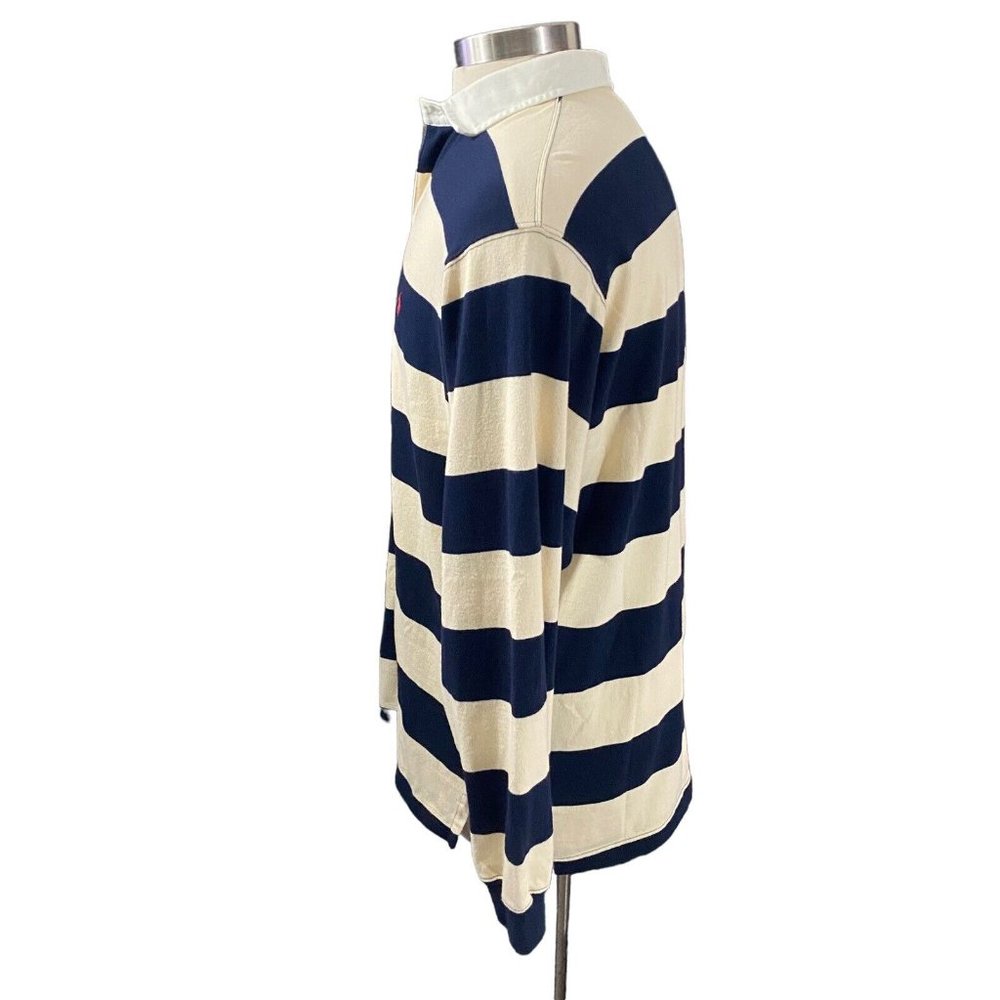 Ralph Lauren Polo Men Cream Navy Striped Red Pony Long Sleeve Rugby Polo Sz L - Picture 3 of 10